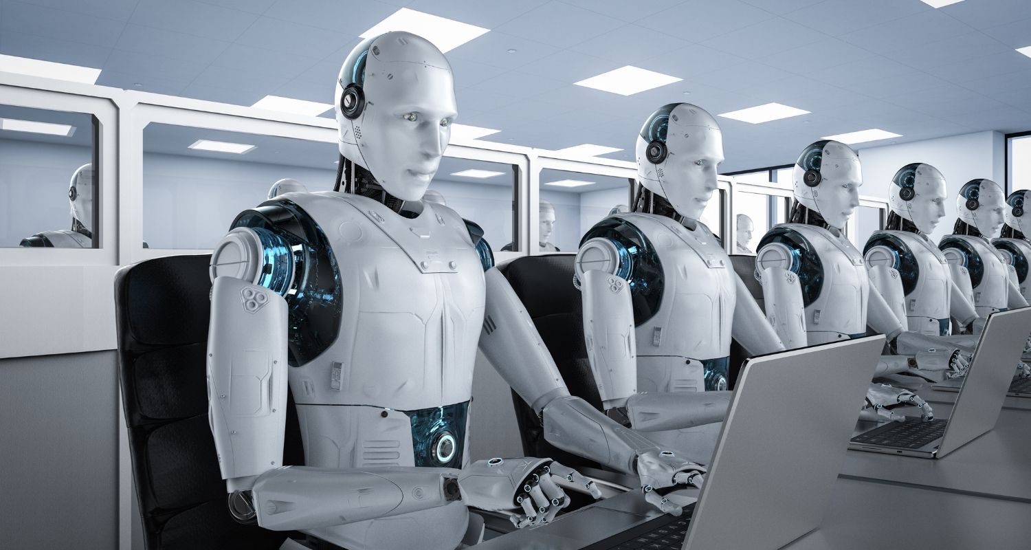 Robots working on laptops