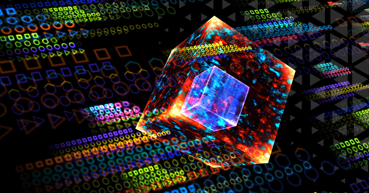 3D cube surrounded by signs