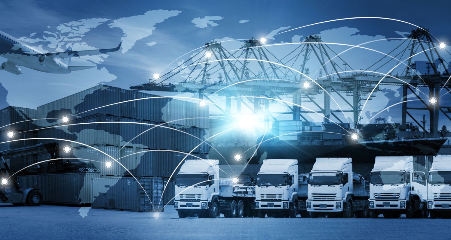 Trucks on the background of containers and cranes